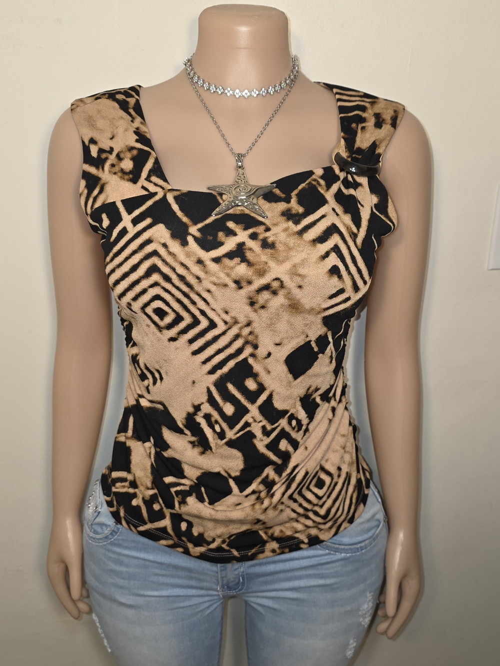 Donna Karan Black and Tan Geometric Print Sleeveless Top